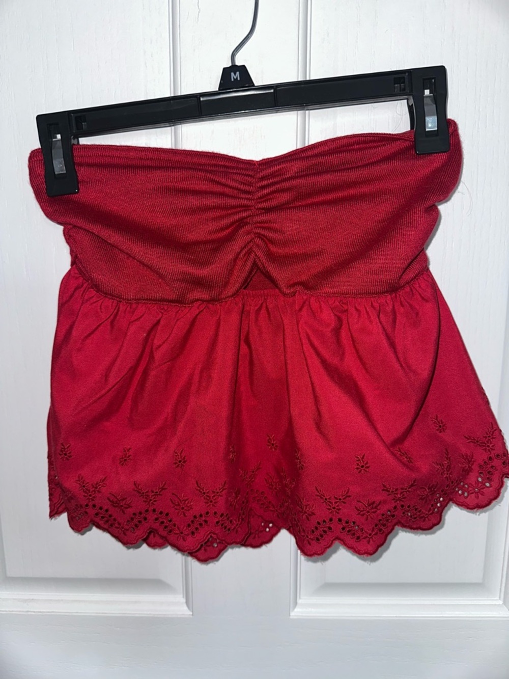 Red Strapless Eyelet Peplum Tube Top